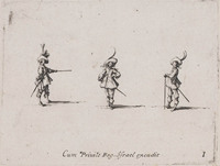 KG 10677
<br/>
Drie soldaten met stok ("Militaire oefeningen")
<br/>
<em>Callot, Jacques (1592 - 1635)</em>